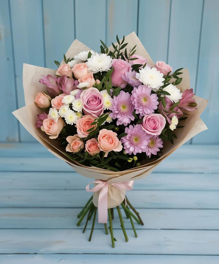 Букет цветов из: Хризантемы, Розы и Альстромерии в Косихе
