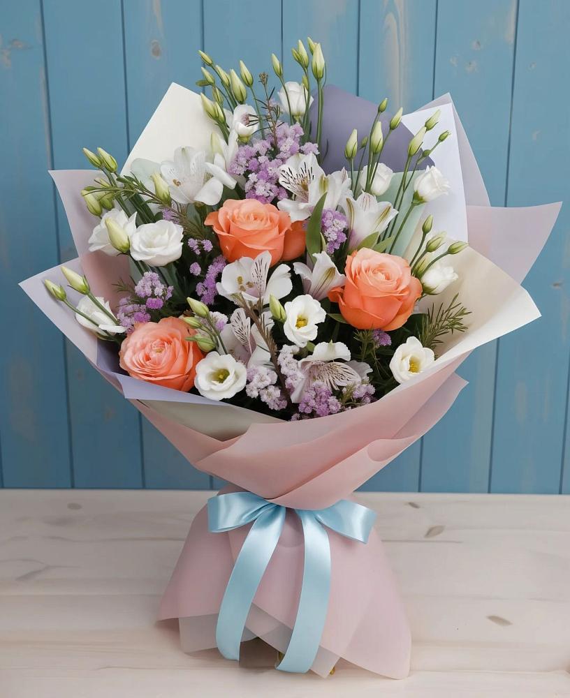 Букет цветов из: Лизиантусы, Розы, Альстромерии и Гипсофила в Косихе