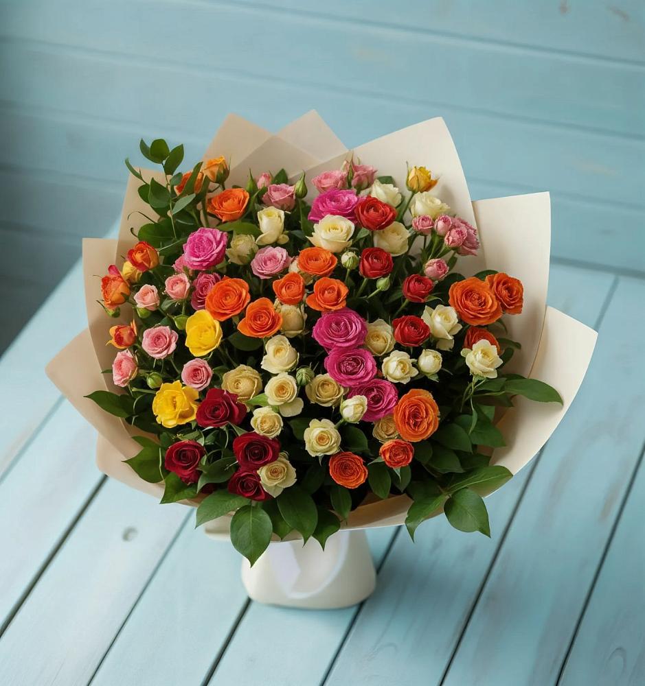 Букет Микс из разноцветных кустовых роз в Косихе